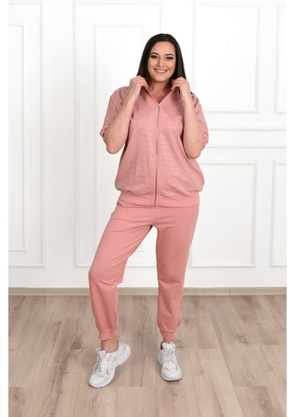 Kadın Eşofman Takımı Kısa Kollu Taş Baskılı Rahat Kullanım İçin 42-50 Beden