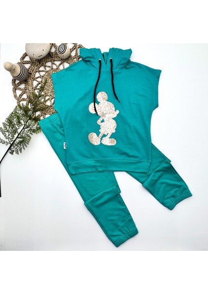3-4-5 Yaş Kapşonlu Payetli Mickey Desenli Kısa Kol 2li Kız Erkek Çocuk Takımı