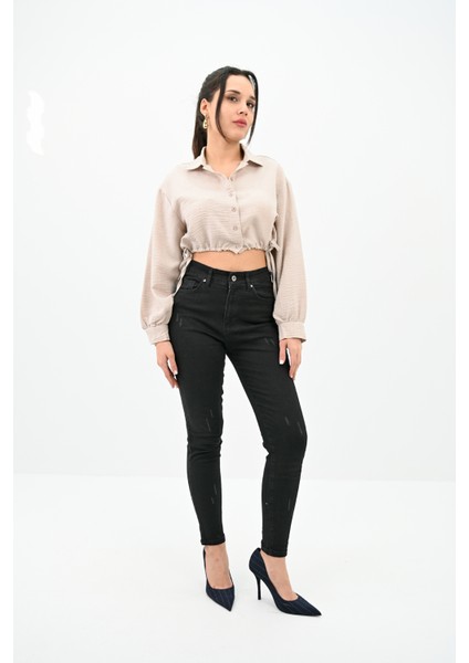 Kadın Yüksek Bel Siyah Jean Pantolon 6187-23