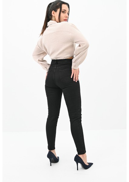Kadın Yüksek Bel Siyah Jean Pantolon 6187-23