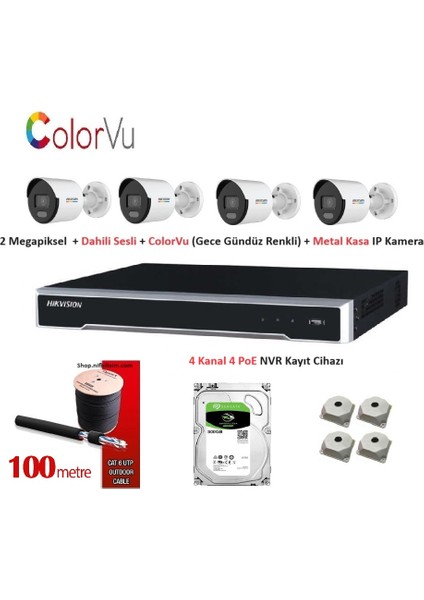 2mp Mikrofonlu 4 Kameralı 500GB Disk Tak Çalıştır Hazır Colorvu Gece Renkli Görüntü Ip Kamera Seti