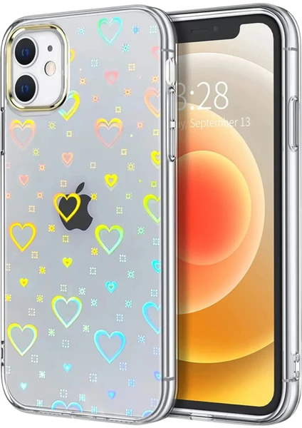 Meri Case Apple iPhone 12/12 Pro Uyumlu Kalpli Hologramlı Kılıf Arka Kapak