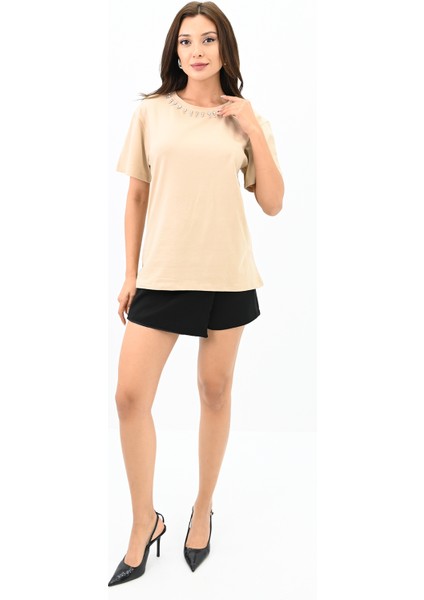 Kadın Bisiklet Yaka Taş Detaylı T-Shirt 1749-4-24 fiyatları