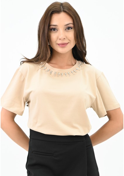 Kadın Bisiklet Yaka Taş Detaylı T-Shirt 1749-4-24 modelleri