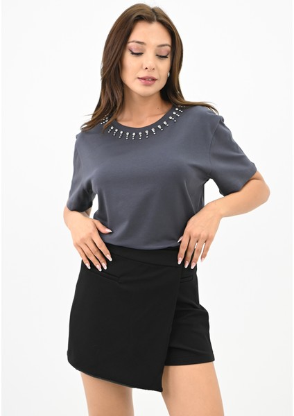 Kadın Bisiklet Yaka Taş Detaylı T-Shirt 1749-4-24 modelleri