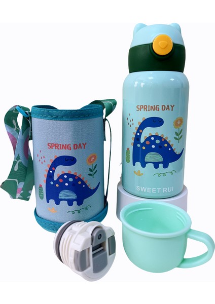 Sweet Ruı 500ML Çift Kapaklı ve Pipetli Karikatür Paslanmaz Çelik Termos Bardak (Yurt Dışından)