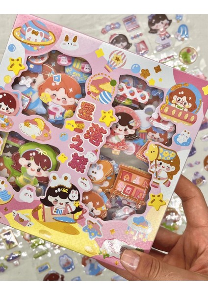 Sevimli Kız ve Dostları 3 Bölümlü 18 Yaprak Pembe Kutu Kabartmalı Sticker Seti / Su Geçirmez