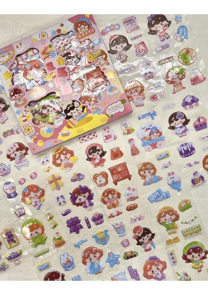 Sevimli Kız ve Dostları 3 Bölümlü 18 Yaprak Pembe Kutu Kabartmalı Sticker Seti / Su Geçirmez