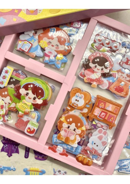 Sevimli Kız ve Dostları 3 Bölümlü 18 Yaprak Pembe Kutu Kabartmalı Sticker Seti / Su Geçirmez