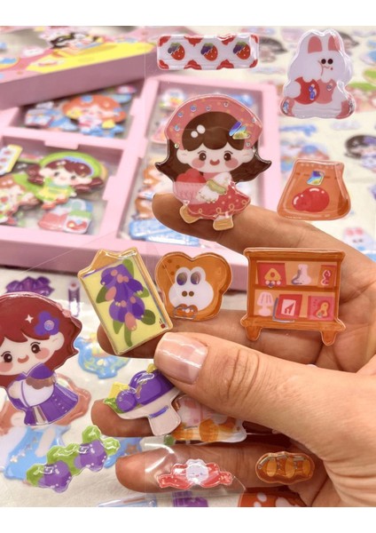 Sevimli Kız ve Dostları 3 Bölümlü 18 Yaprak Pembe Kutu Kabartmalı Sticker Seti / Su Geçirmez