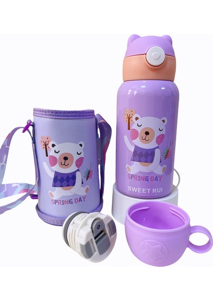 Sweet Ruı 500ML Çift Kapaklı ve Pipetli Karikatür Paslanmaz Çelik Termos Bardak (Yurt Dışından)