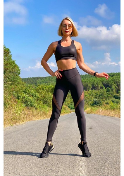 Yeni Sezon Tül Detaylı Ekstra Yüksek Bel Siyah Spor Tayt indirimleri