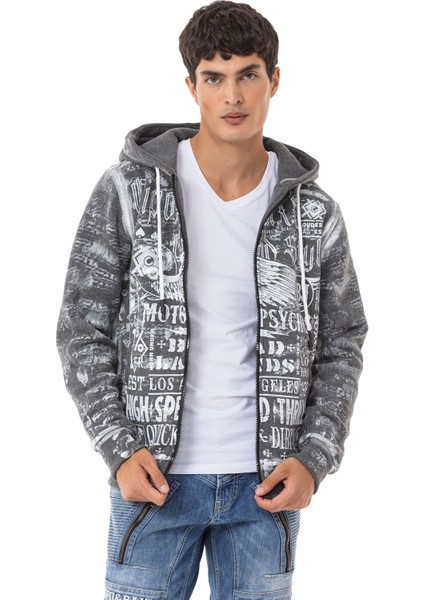 CL544 Motorcu Tarzda Baskılı Erkek Zip Sweatshirt
