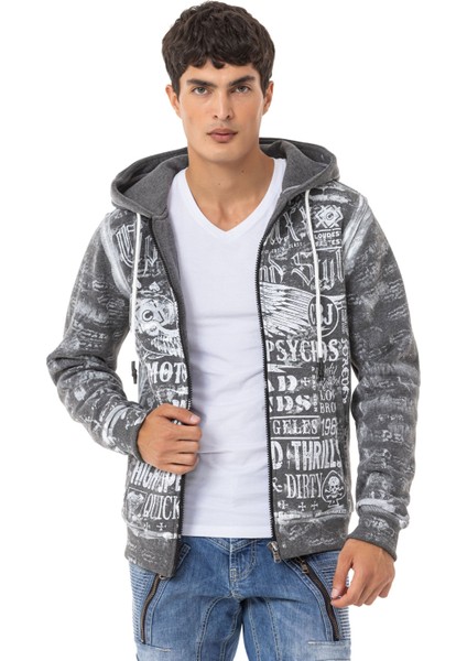 CL544 Motorcu Tarzda Baskılı Erkek Zip Sweatshirt