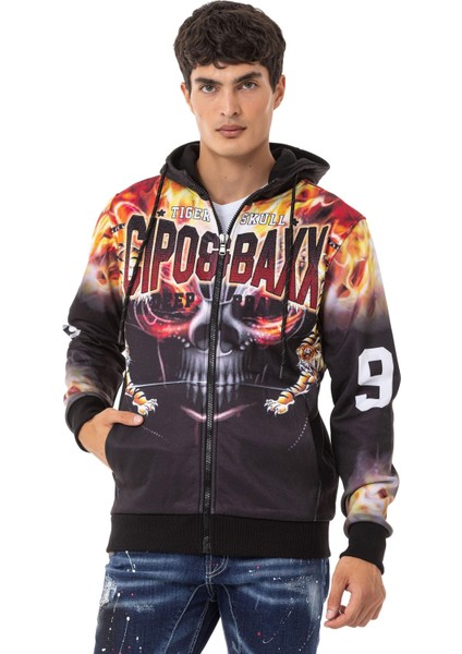 CL546 Kurukafa ve Alev Baskılı Erkek Zip Sweatshirt
