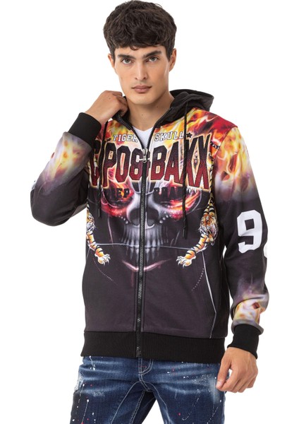 CL546 Kurukafa ve Alev Baskılı Erkek Zip Sweatshirt modelleri