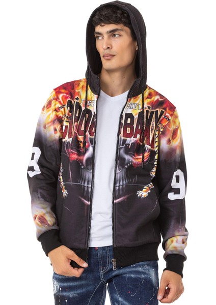 CL546 Kurukafa ve Alev Baskılı Erkek Zip Sweatshirt fırsatları