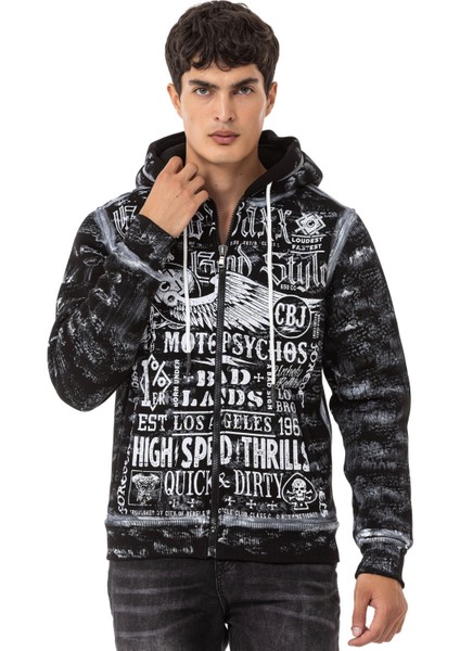 CL544 Motorcu Tarzda Baskılı Erkek Zip Sweatshirt