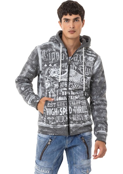 CL544 Motorcu Tarzda Baskılı Erkek Zip Sweatshirt modelleri