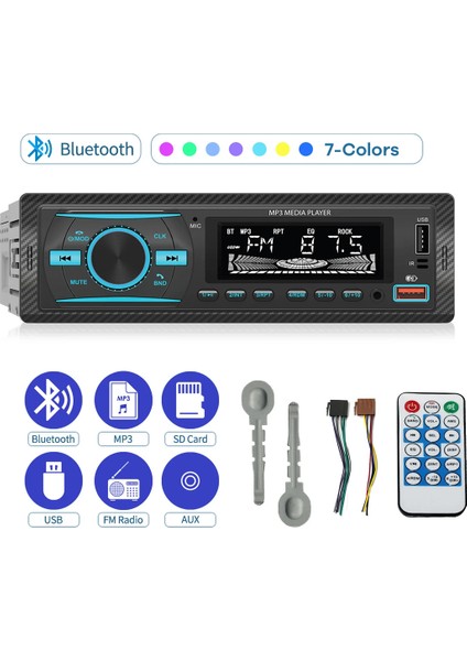 KAC38 Rgb 7 Renkli Çift USB Sd Fm Aux Bluetooth Kumandalı Mekaniksiz Oto Teyp 4X55 Watt