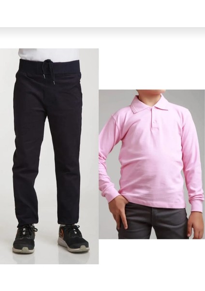 Unisex Çocuk Ribana Bel Lastikli Lacivert Okul Pantolon + Uzun Kol Pamuk Lakos