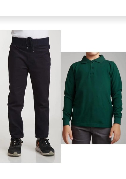 Unisex Çocuk Ribana Bel Lastikli Lacivert Okul Pantolon + Uzun Kol Pamuk Lakos
