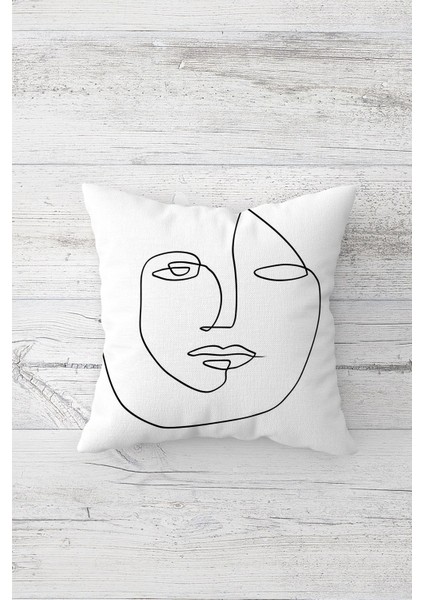 Line Art Yüz Çizimi Çift Tarafı Baskılı Gizli Fermuarlı Yastık Kılıfı Kırlent Koltuk Yastık Kılıfı