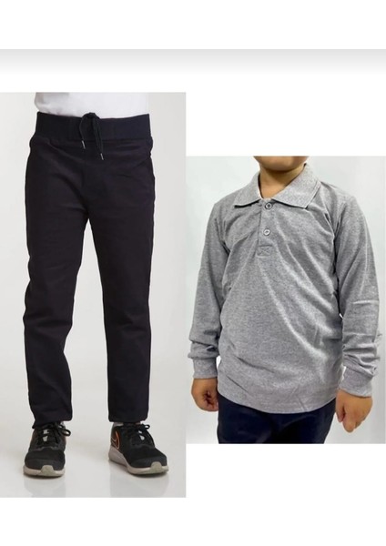Unisex Çocuk Ribana Bel Lastikli Lacivert Okul Pantolon + Uzun Kol Pamuk Lakos