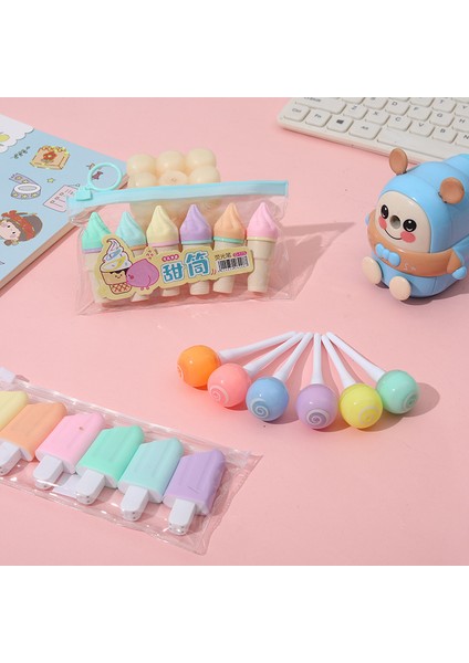 L-6pcs Tarzı Et Güzel Karikatür Fosforlu Kalemler Okul Ofis Kırtasiye Öğrencileri Çizim Malzemeleri Kawaii Dondurma Mini Boya Marker Kalem (Yurt Dışından)
