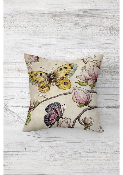 Kelebek ve Çiçek Desen Çift Tarafı Baskılı Gizli Fermuarlı Yastık Kılıfı Kırlent Koltuk Yastık Kılıf