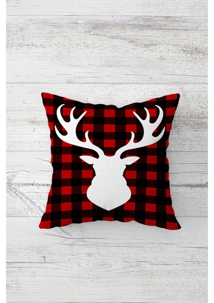 Ekose Geyik Desenli Çift Tarafı Baskılı Gizli Fermuarlı Yastık Kılıfı Kırlent Koltuk Yastık Kılıfı