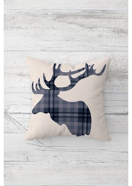 Ekose Geyik Desenli Çift Tarafı Baskılı Gizli Fermuarlı Yastık Kılıfı Kırlent Koltuk Yastık Kılıfı