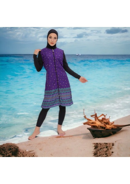 Uzun Kollu Çiçek Desenli Tam Tesettür Mayo