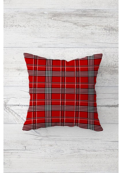 Kırmızı Ekose Çift Tarafı Baskılı Gizli Fermuarlı Yastık Kılıfı Kırlent Koltuk Yastık Kılıfı