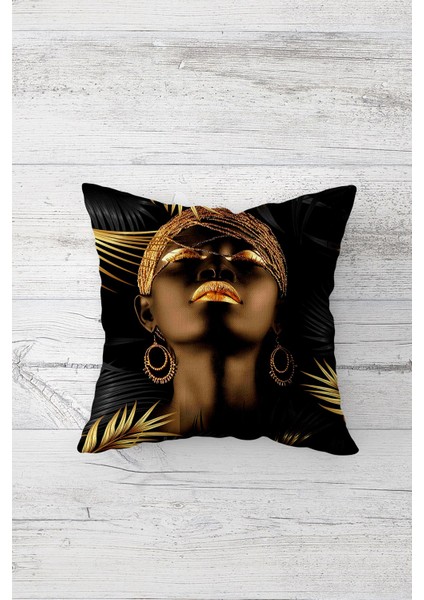 Gold Detaylı Siyahi Kadın Çift Tarafı Baskılı Gizli Fermuarlı Yastık Kılıfı Kırlent Yastık Kılıfı