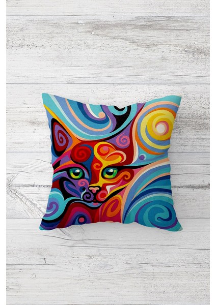 Sanatsal Kedi Çift Tarafı Baskılı Gizli Fermuarlı Yastık Kılıfı Kırlent Koltuk Yastık Kılıfı