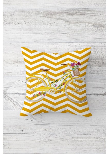 Çiçekli Bisiklet Desenli Çift Tarafı Baskılı Gizli Fermuarlı Yastık Kılıfı Kırlent Yastık Kılıfı
