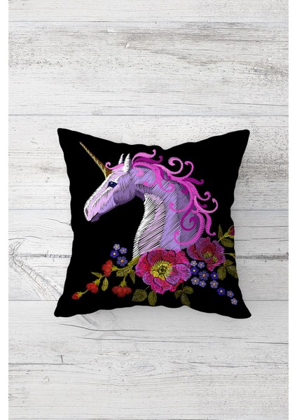 Ünicorn At Desenli Çift Tarafı Baskılı Gizli Fermuarlı Yastık Kılıfı Kırlent Koltuk Yastık Kılıfı