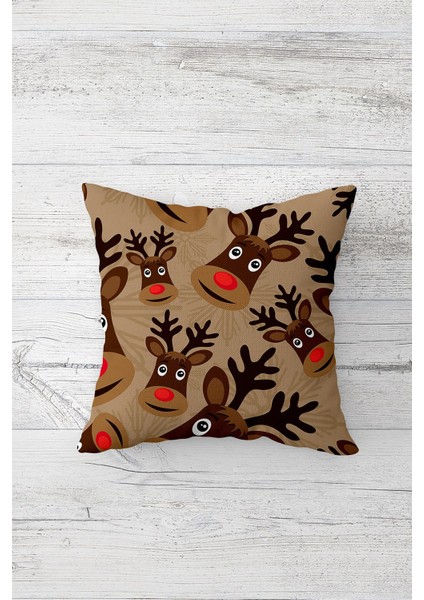 Geyik Yılbaşı Desenli Çift Tarafı Baskılı Gizli Fermuarlı Yastık Kılıfı Kırlent Koltuk Yastık Kılıfı