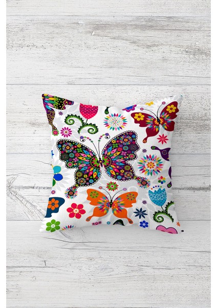 Renkli Kelebekler Çift Tarafı Baskılı Gizli Fermuarlı Yastık Kılıfı Kırlent Koltuk Yastık Kılıfı