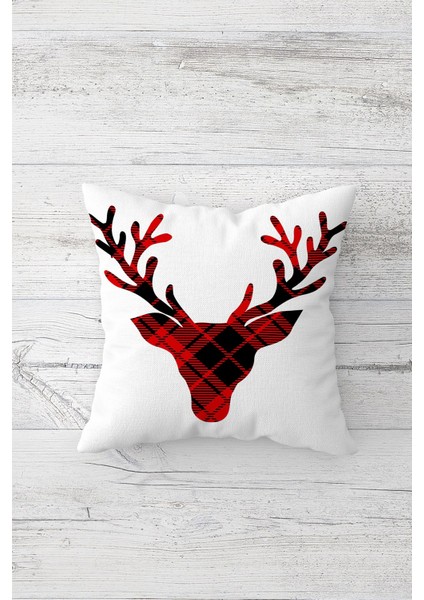 Ekoseli Geyikli Yılbaşı Çift Tarafı Baskılı Gizli Fermuar Yastık Kılıfı Kırlent Koltuk Yastık Kılıfı