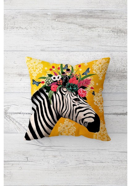 Tepesi Çiçekli Zebra Çift Tarafı Baskılı Gizli Fermuarlı Yastık Kılıfı Kırlent Koltuk Yastık Kılıfı