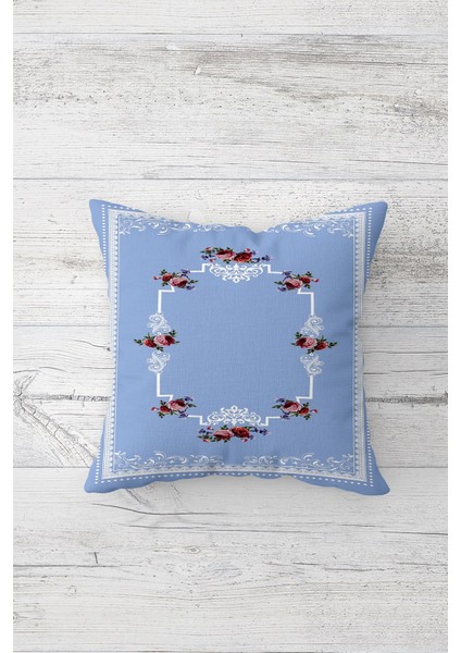 Mavi Vintage Çiçek Desen Çift Tarafı Baskılı Gizli Fermuarlı Yastık Kılıfı Kırlent Yastık Kılıfı