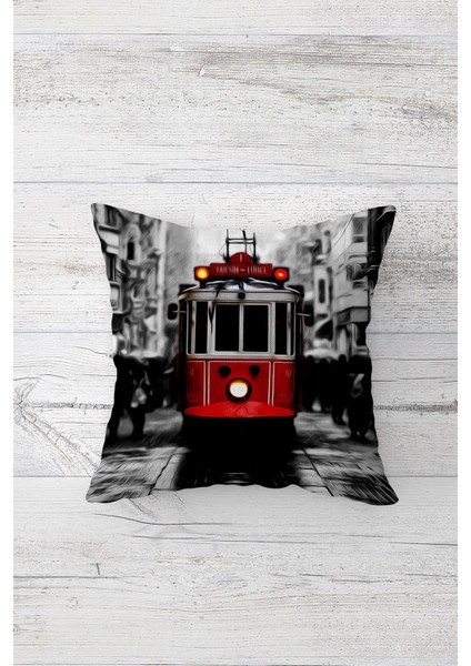 Nostaljik Tramvay Çift Tarafı Baskılı Gizli Fermuarlı Yastık Kılıfı Kırlent Koltuk Yastık Kılıfı