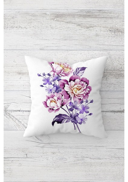 Lila Çiçekli Güllü Çift Tarafı Baskılı Gizli Fermuarlı Yastık Kılıfı Kırlent Koltuk Yastık Kılıfı