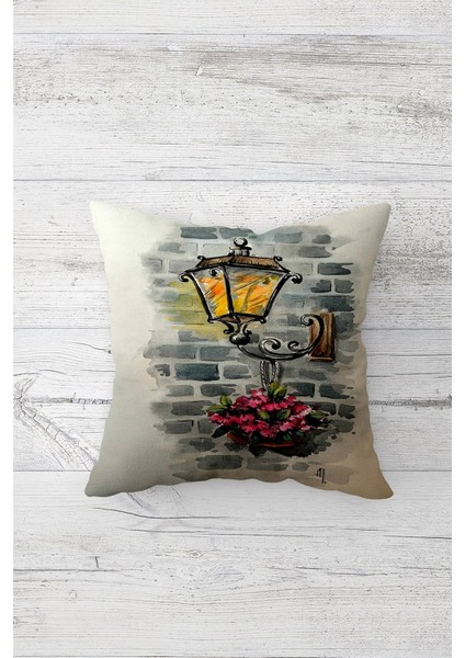 Taş Duvar Fenerli Çiçekli Çift Tarafı Baskılı Gizli Fermuarlı Dekoratif Kırlent Koltuk Yastık Kılıfı