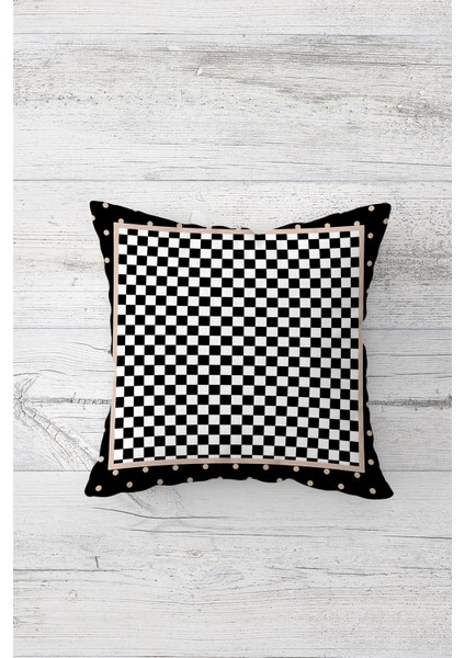 Siyah Beyaz Ekose Çift Tarafı Baskılı Gizli Fermuarlı Yastık Kılıfı Kırlent Koltuk Yastık Kılıfı