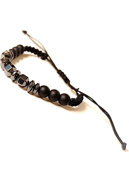 Hematit -Oniks Makrome Örgü Kombin-1 Doğal Taş Bileklik