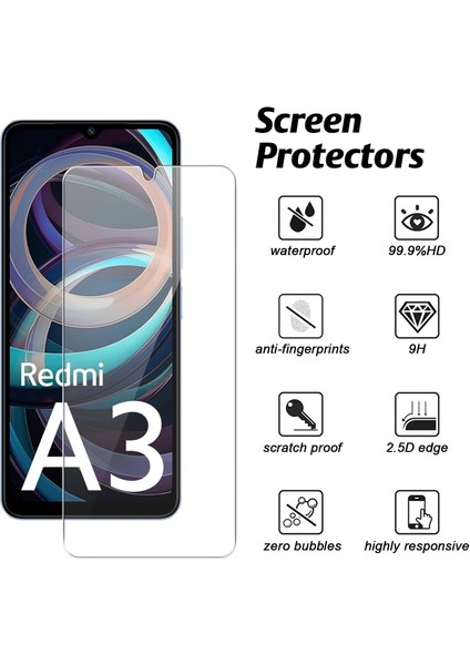 Xiaomi Redmi A3 Kılıf Kamera Korumalı Darbeye Dayanıklı Şeffaf Silikon + 9h Ekran Koruyucu Cam 2'li Set