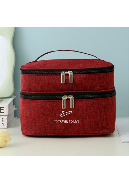 Çift Katmanlı Kozmetik Çantası Büyük Kapasiteli Kalınlaşmış Su Geçirmez Seyahat Saklama Çantası Şarap Kırmızısı (Yurt Dışından)